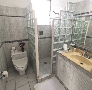Ensemble douche/baignoire, sèche-cheveux, serviettes fournies, savon