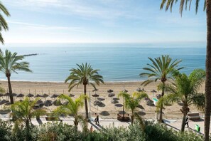 A beach with palm trees, umbrellas, and a view of the sea.