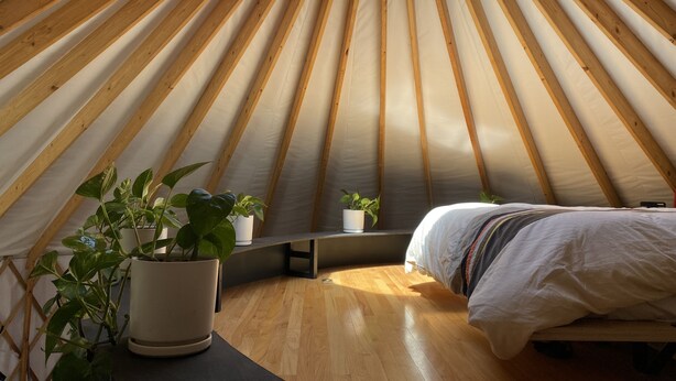 A cozy interior of a round wooden yurt with a bed, a bench, and potted plants. - Relax and unwind at Solar Solitude (Mathias)