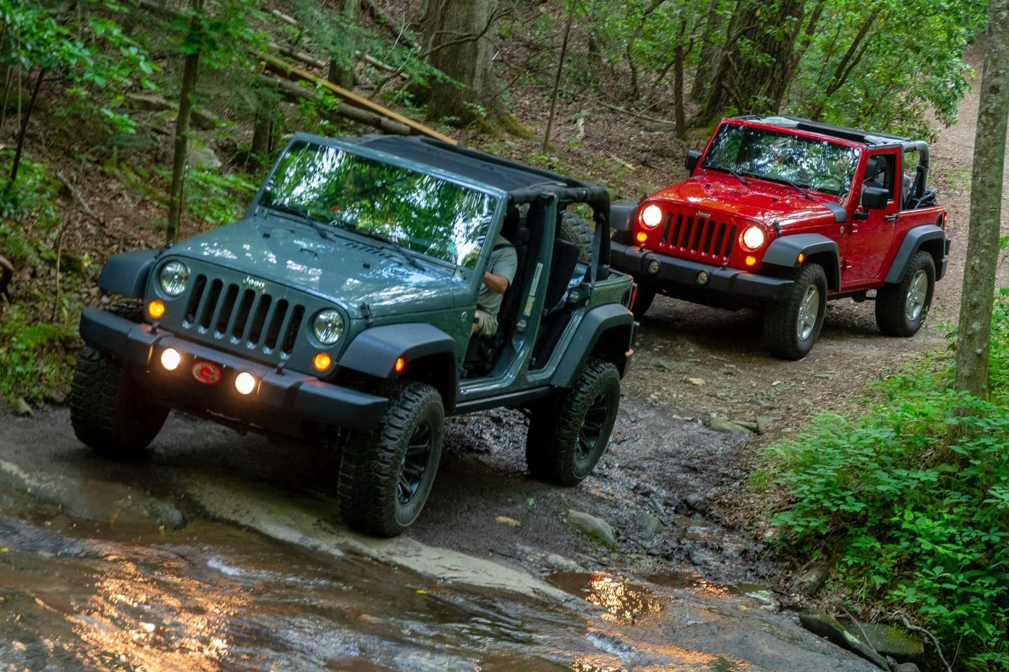 Two off-road vehicles on a muddy path in a forest.
