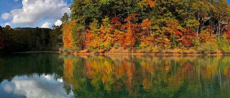 A calm lake with autumn foliage reflecting on the water, surrounded by trees.