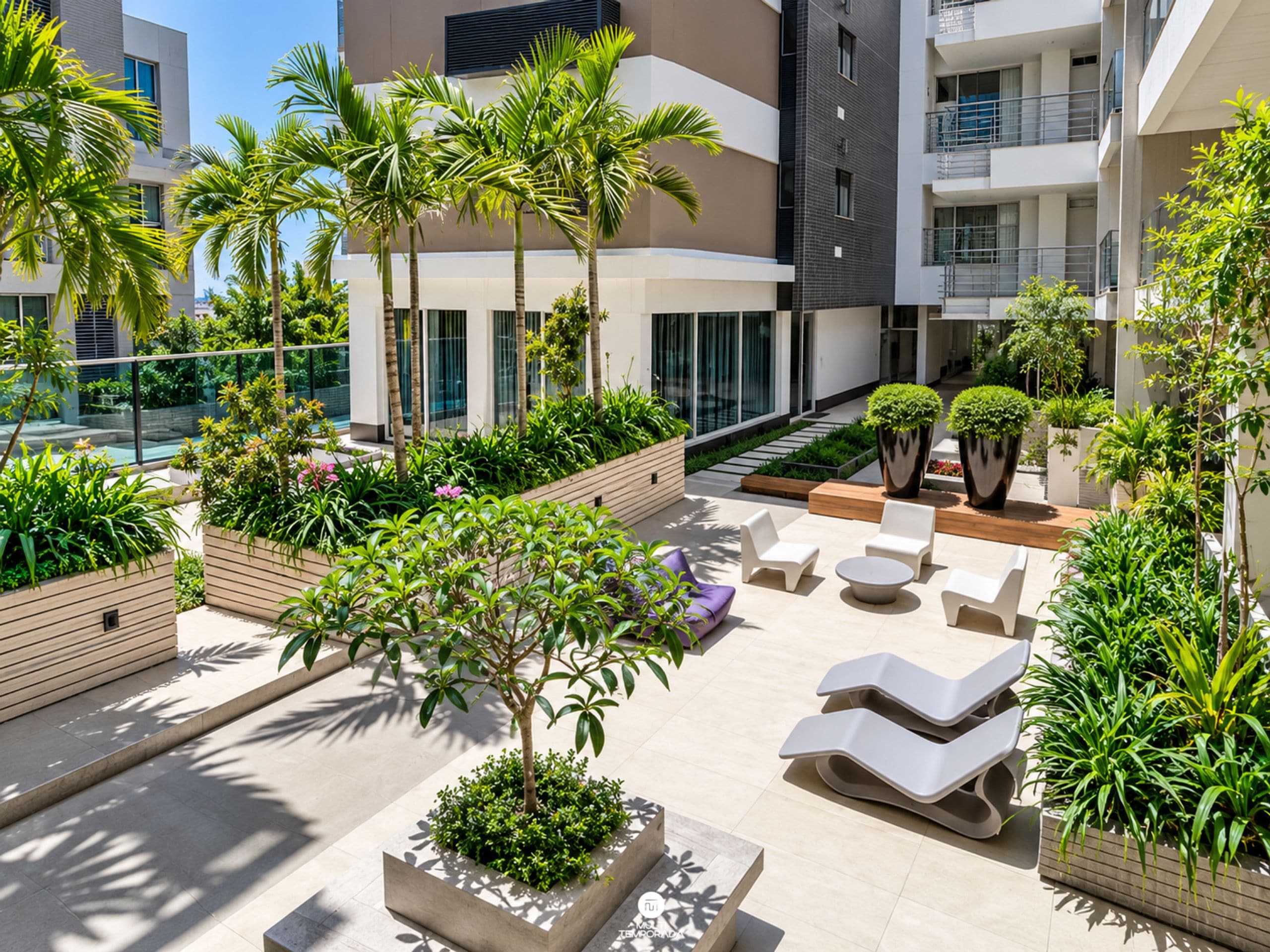 Un área de descanso exterior moderna con asientos y jardineras, rodeada de edificios.