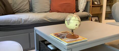 TV, DVD player, books