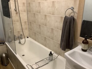Combined shower/tub, hair dryer, towels, toilet paper