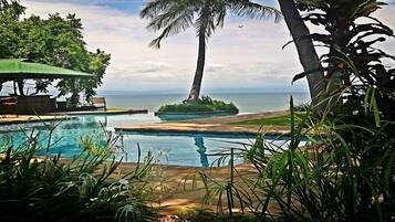 A pool area with a palm tree, a small island, and a view of the ocean.