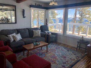 Smart TV, fireplace, DVD player, books