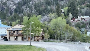 A building labeled "Rice Lumber Co." with a signboard, surrounded by trees and a mountainous backdrop. - Will it be ICE AXE, CRAWLER, NORDIC? 1200MGPS-Mtn Views! On River! BBQ & yard! (Ouray)