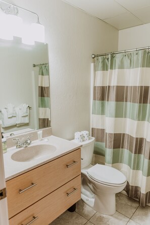 Combined shower/tub, hair dryer, towels, soap