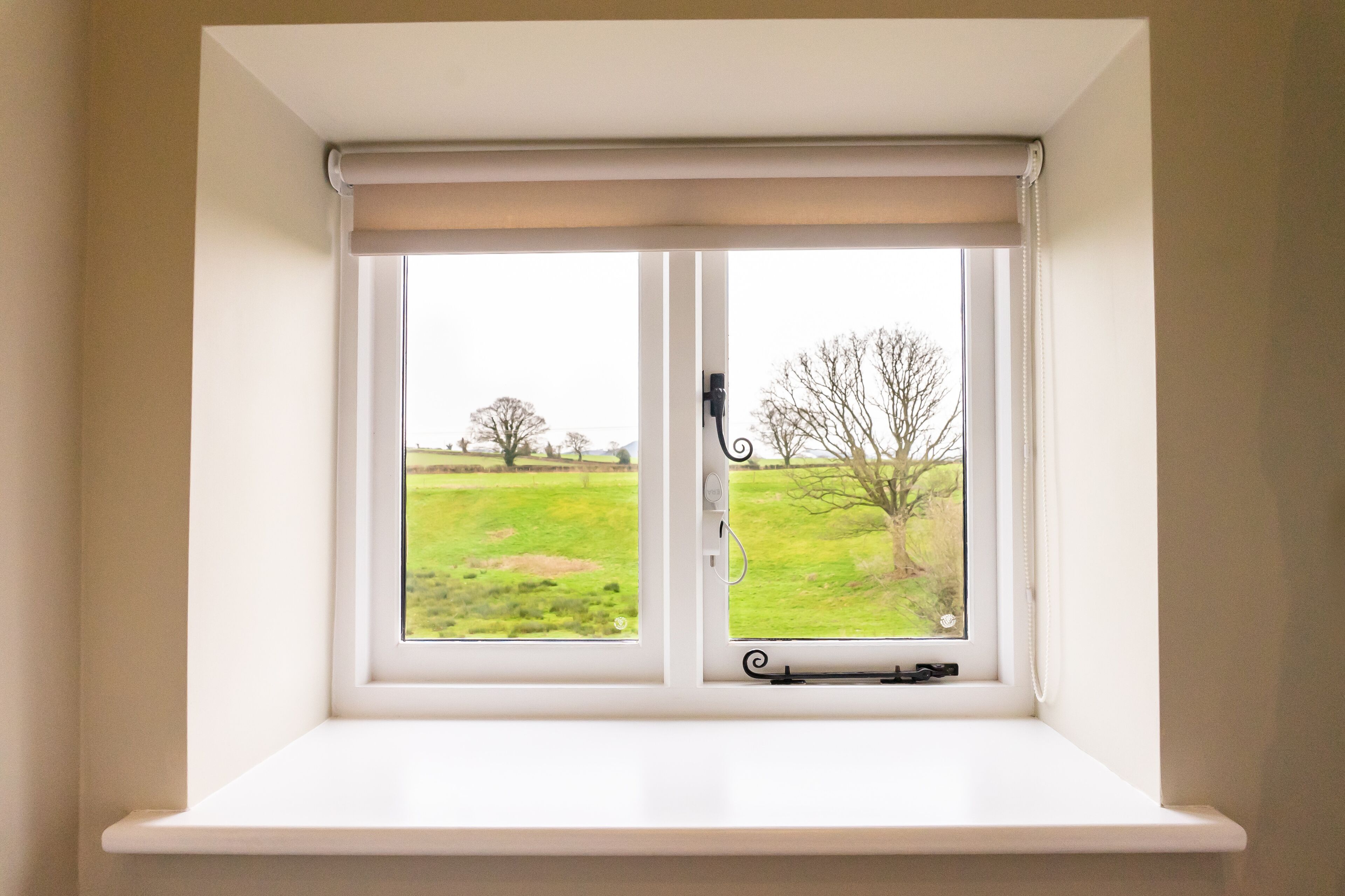 A window with a white frame and roller blind, overlooking a grassy field with trees.