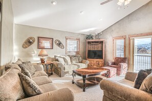 TV, fireplace, books