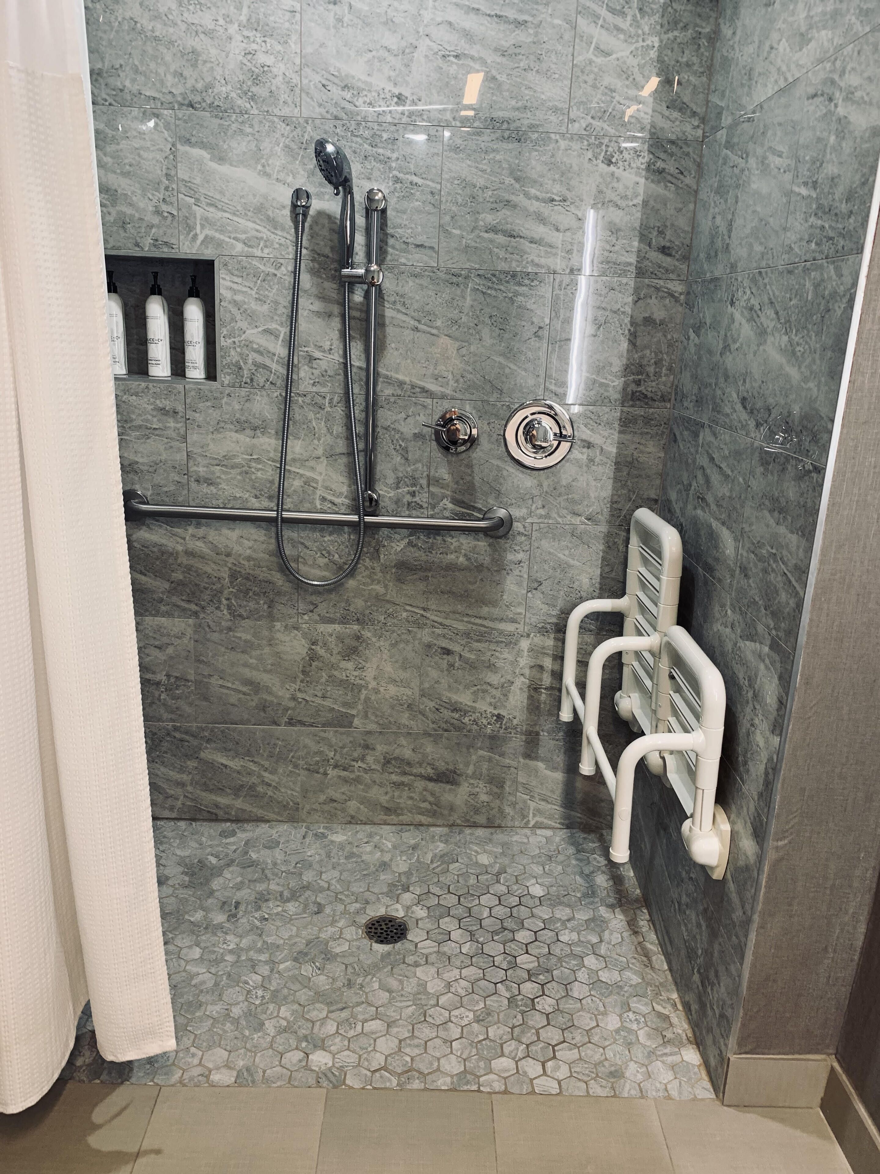 suite, 1 king bed with sofa bed (mobility/hearing access, roll-in shwr) | bathroom | free toiletries, hair dryer, towels