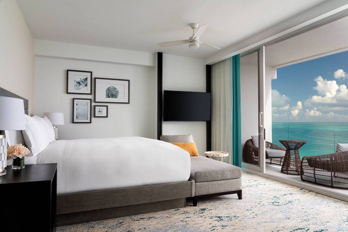 A modern hotel room with a large bed, a flat-screen TV, and a balcony with ocean views.
