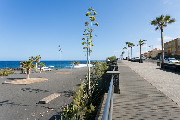 A coastal promenade with a wooden walkway, palm trees, and a view of the sea. - A Paradise for Remote Workers on the Atlantic Coast (Las Caletillas)
