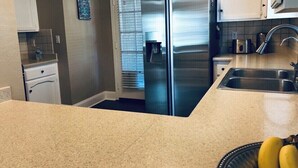 Una cocina con un refrigerador de acero inoxidable, un lavamanos y una encimera.