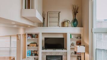 Smart TV, fireplace, books