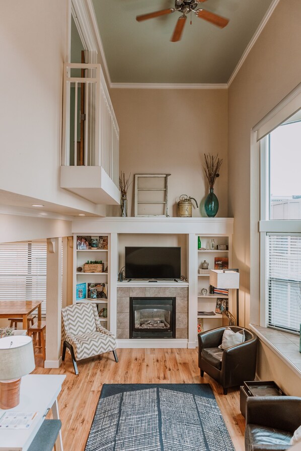 Älytelevisio, takka, kirjoja