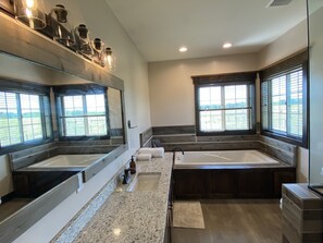 Combined shower/bathtub, jetted bath, hair dryer, towels