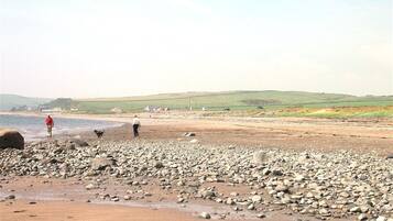 A pebbly beach with people walking and a dog, hills in the background, and a clear sky.