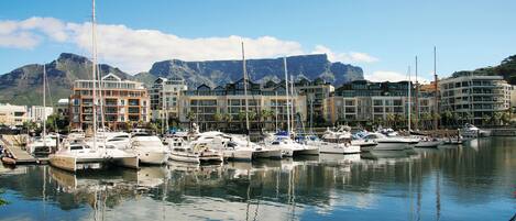 A marina with multiple boats docked, buildings with balconies, and a mountain in the background.