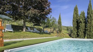 A swimming pool with clear water, surrounded by a grassy area with trees and a wooden structure.
