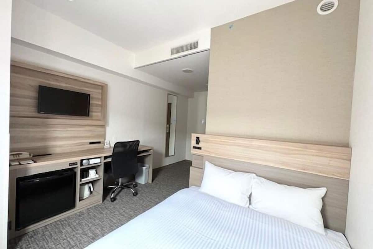 Una habitación de hotel con una cama, un escritorio, una silla, un televisor y un armario.