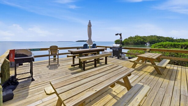 Una terraza de madera con mesas de picnic y una parrilla, con vista a un cuerpo de agua y una isla distante.