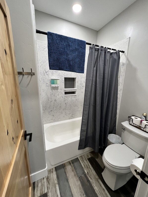 A bathroom with a bathtub, toilet, and shower curtain. - Lake View Modern House with Beautiful Sunsets! (Page)