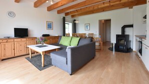 A modern living room with a sofa, table, and TV, wooden beams on the ceiling, and a fireplace. - App.7 / 3-room (5 adults + 1 infant), ground floor - Ferienwohnungen Zum Breitling OVS 691 (Insel Poel)