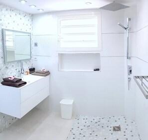 Shower, hair dryer, towels - STUDIO ADAM   Residence Adam et Eve (Baie Orientale)