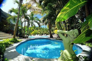 A pool surrounded by palm trees and a stone staircase.