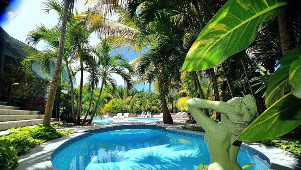 A pool surrounded by palm trees and a stone staircase. - Studio Boudha Zen   Residence Adam et Eve (Baie Orientale)