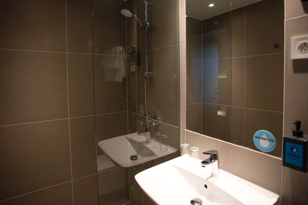 double room (compact) | bathroom | shower, free toiletries, hair dryer, towels