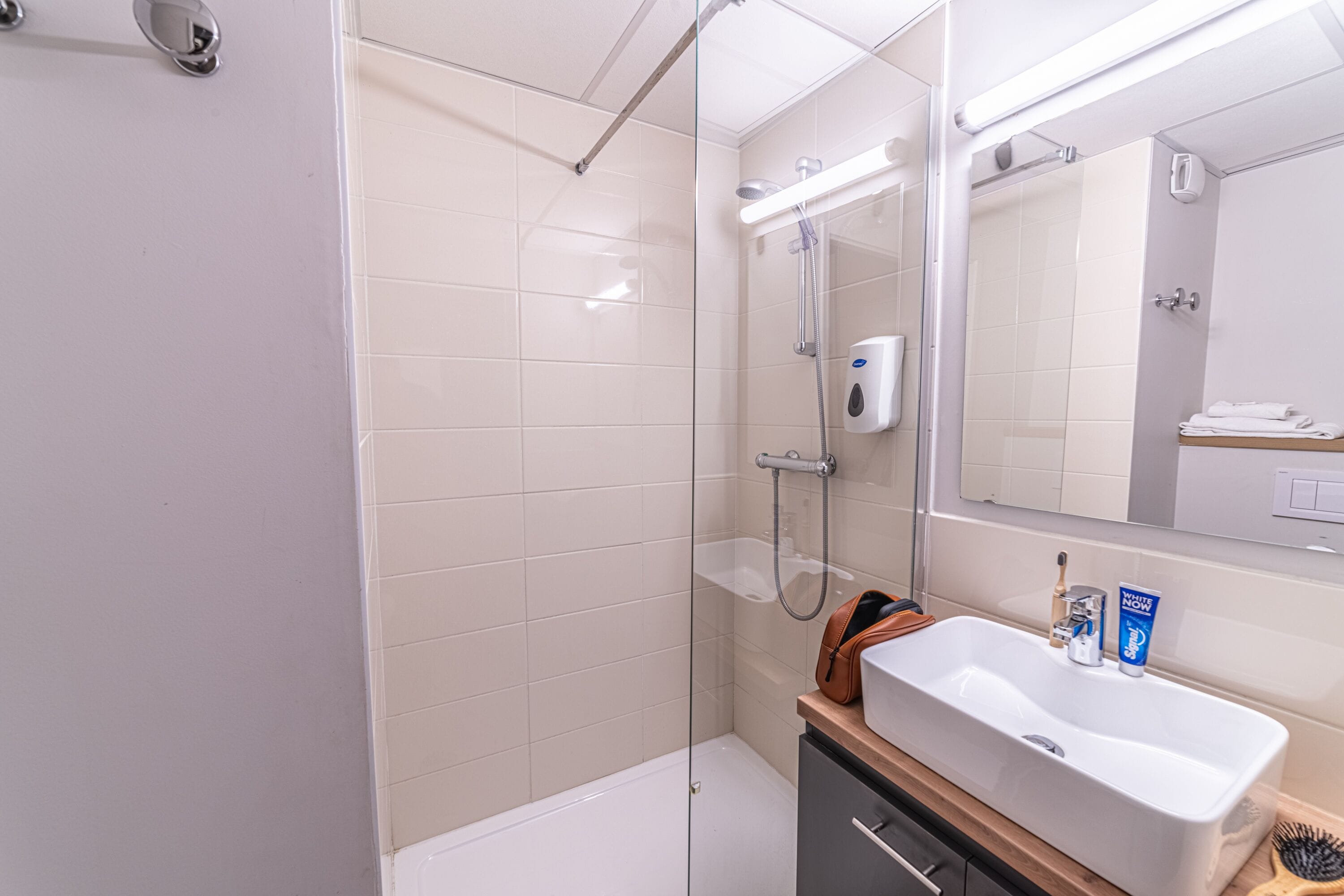 A modern bathroom with a glass shower enclosure, a white sink, and a mirror above it.