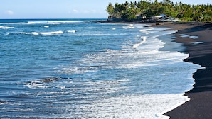 A beach with waves crashing onto dark sand, a clear sky, and a line of palm trees in the background. - Villa Puri Nirwana (Gianyar)