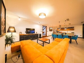 Superior Villa, 3 Bedrooms, Sauna, Pool View | Living area | 100-cm Smart TV with satellite channels, TV