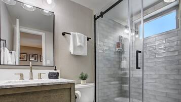 Combined shower/bathtub, hair dryer, towels