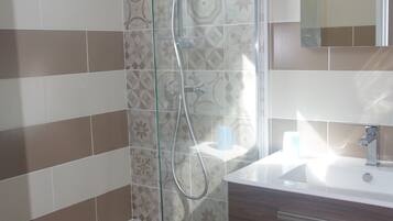 Shower, towels, toilet paper