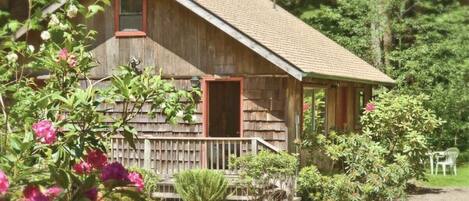 A wooden cabin with a porch, surrounded by lush greenery and flowering plants.