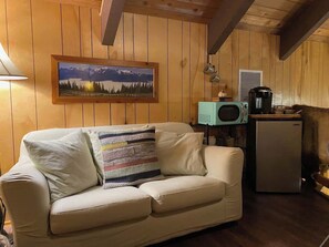 Een gezellige kamer met een houten lambrisering, een lijst met een landschapsfoto, een beige bank met een kleurrijke deken, een blauwgroene radio en een kleine koelkast.