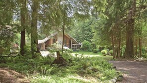 A cabin surrounded by dense forest, with a clear path leading to the entrance.
