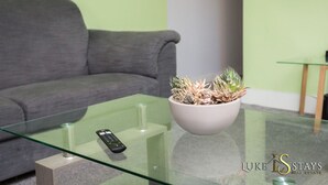 A living room with a glass coffee table, a remote control, and a potted plant. - 6 X APARTMENTS IN 1 BLOCK JUST OUTSIDE THE CITY ⭐MINUTES WALK FROM SHOPS⭐ APT#4 (Newcastle Upon Tyne)