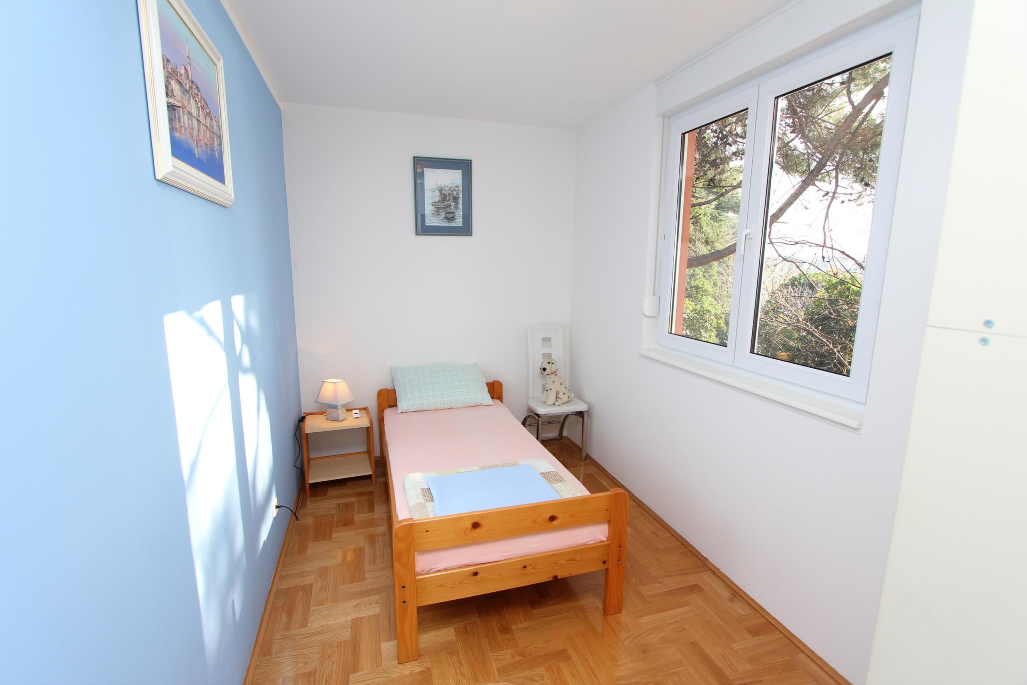 A small, well-lit room with a wooden bed, a nightstand, a desk, and a window with a view of trees.