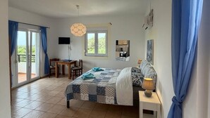 Een ruime slaapkamer met een groot bed, een bureau en uitzicht op de omgeving.