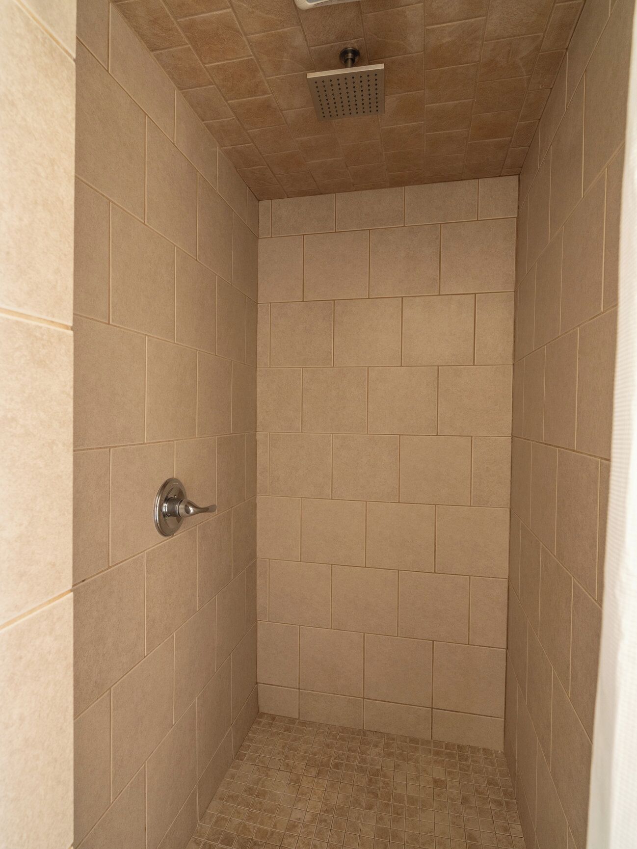 A small, tiled shower room with a showerhead on the ceiling and a wall-mounted faucet.