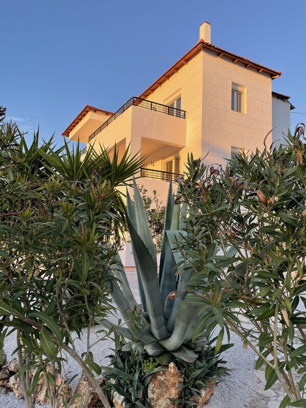 A two-story building with a balcony and a garden with agave plants in front. - New - Villa Cornelia with pool. O. 2-room apartment. Sea view over olive groves (Rethymno - Asteri)