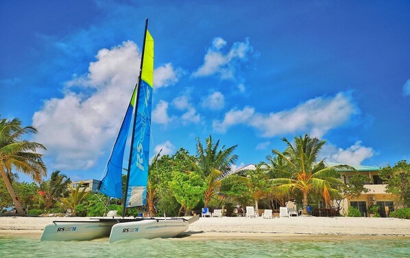 Un velero con vela azul y cubierta amarilla, amarrado en una playa con palmeras y un edificio al fondo.