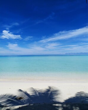 Una playa con aguas turquesas cristalinas, arena blanca y sombras de palmeras.