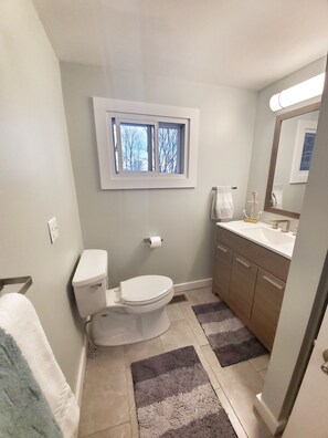 Shower, hair dryer, towels, toilet paper