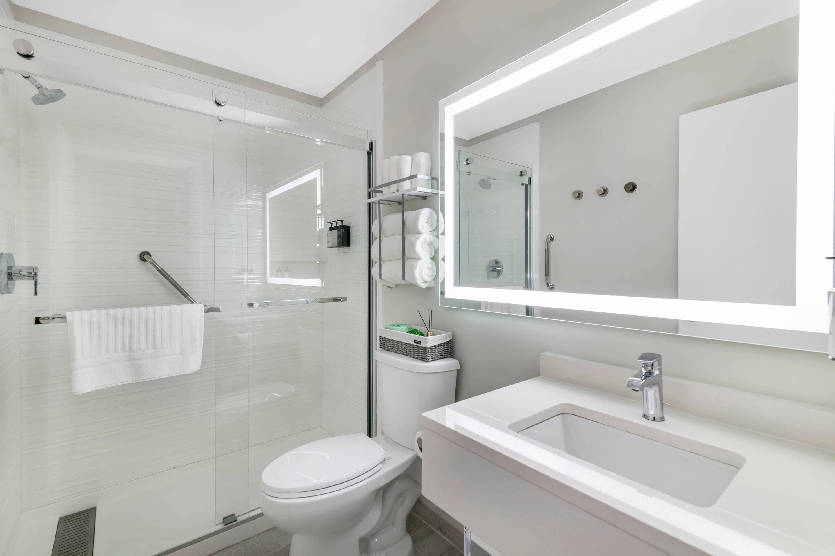 A modern bathroom with a glass shower enclosure, a white toilet, a sink with a mirror, and a towel rack.