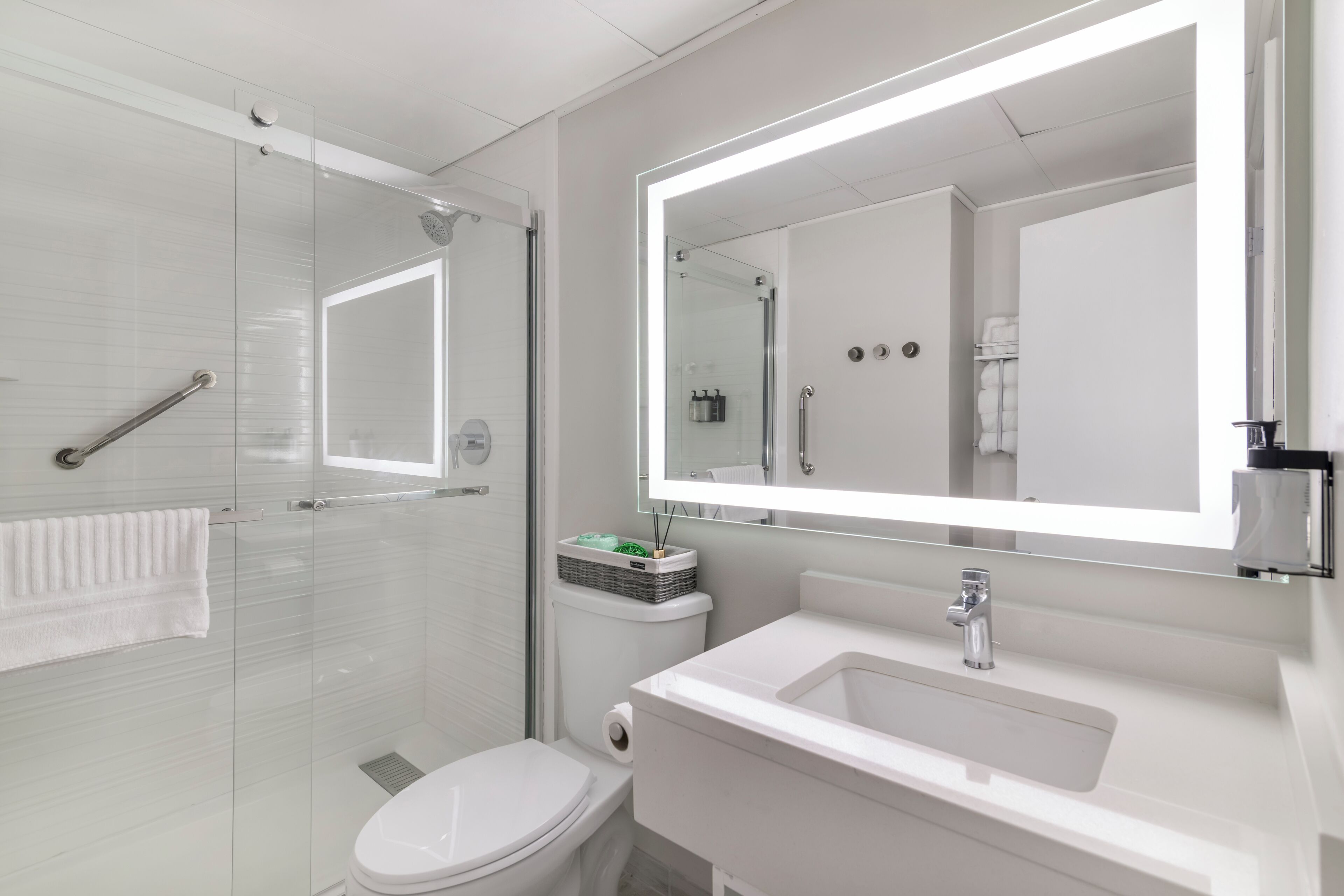 A modern bathroom with a glass shower enclosure, a white sink, and a large mirror.